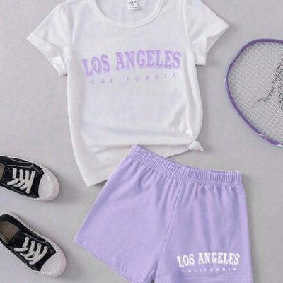 Young Girls’ Fashionable Letter Printed Short Sleeve T-Shirt & Shorts Set