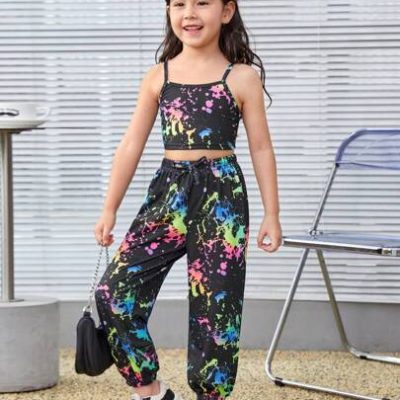 Young Girl’s Knitted Ink Splash Printed Camisole Top And Loose Knitted Casual Pants