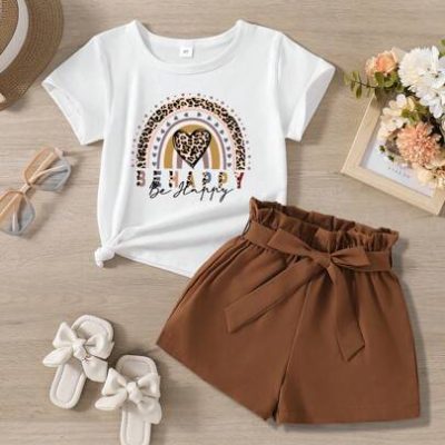 Young Girl’s Letter & Heart Print Short Sleeve T-Shirt And Paper Bag Waist Belt Shorts