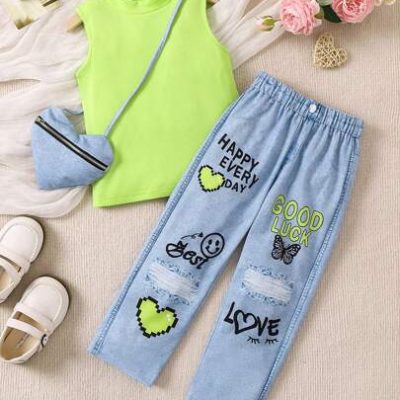 Young Girl’s Sweet And Lovely Style Leisure & Fashion Trend Vest And Love Heart Print Long Pants Two-Piece With Love Shoulder Bag