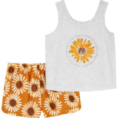 Yellow/Heather Kid 2-Piece Sunflower Loose Fit Pajama Set | carters.com